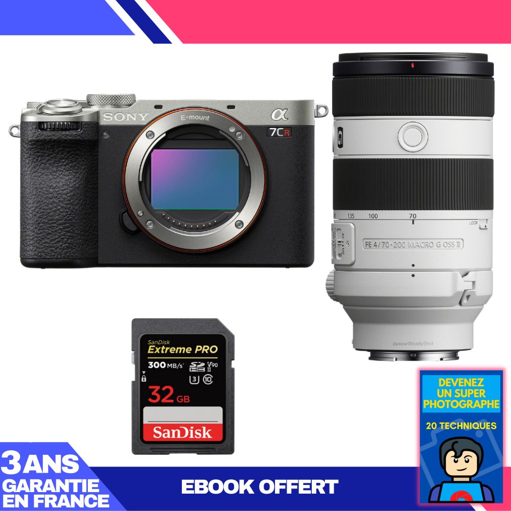 Sony A7CR Silver Camera Kit with FE 70-200mm f/4 Macro G OSS II Lens + SanDisk 32GB Card + Ebook