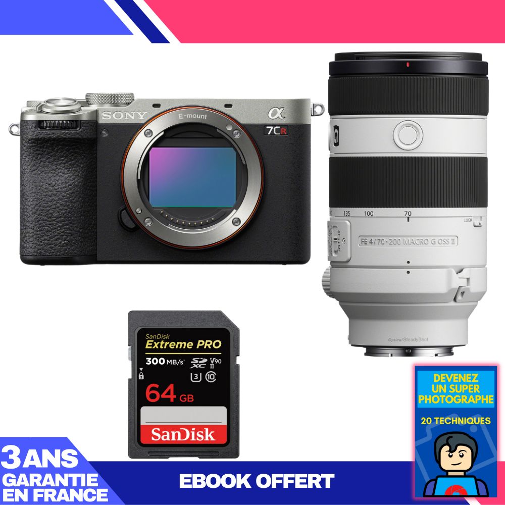 Sony A7CR Silver Camera Kit with FE 70-200mm f/4 Macro G OSS II Lens and SanDisk 64GB Extreme PRO SD Card