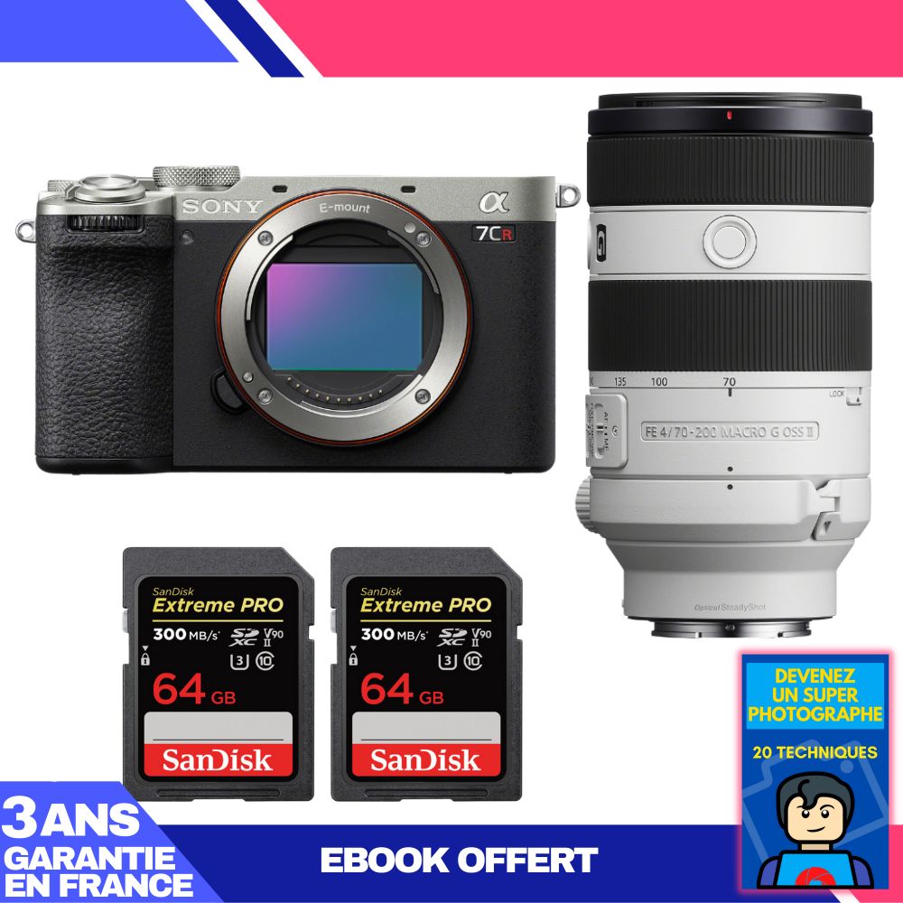 Sony A7CR Silver Camera Kit with FE 70-200mm f/4 Macro G OSS II Lens + 2x 64GB SanDisk Extreme PRO UHS-II SDXC Cards