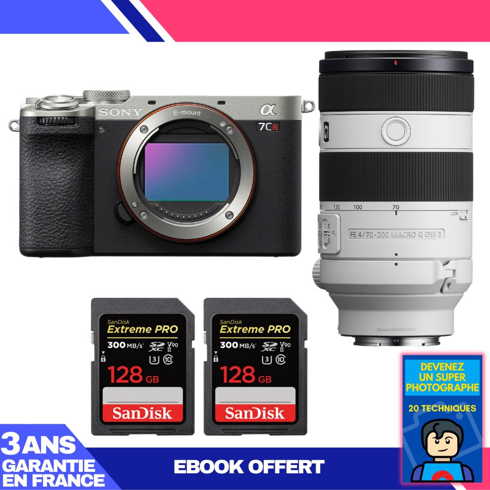Sony A7CR Silver Camera Kit with FE 70-200mm f/4 Macro G OSS II Lens + 2x 128GB SanDisk Extreme PRO SDXC Cards