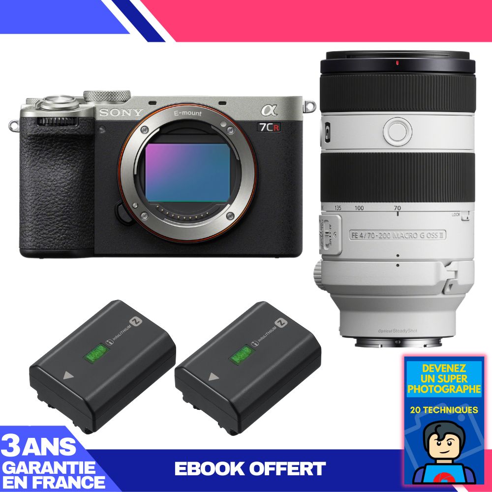 Sony A7CR Silver Camera Kit with FE 70-200mm f/4 Macro G OSS II Lens + 2 NP-FZ100 Batteries + 'Become a Super Photographer' Ebook