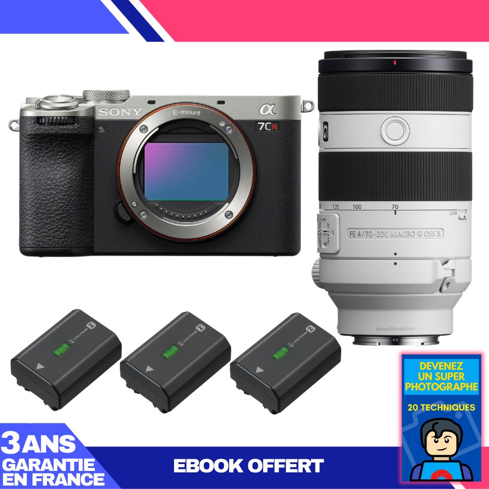 Sony A7CR Silver Camera Kit with FE 70-200mm f/4 Macro G OSS II Lens + 3 NP-FZ100 Batteries + 'Become a Super Photographer' Ebook