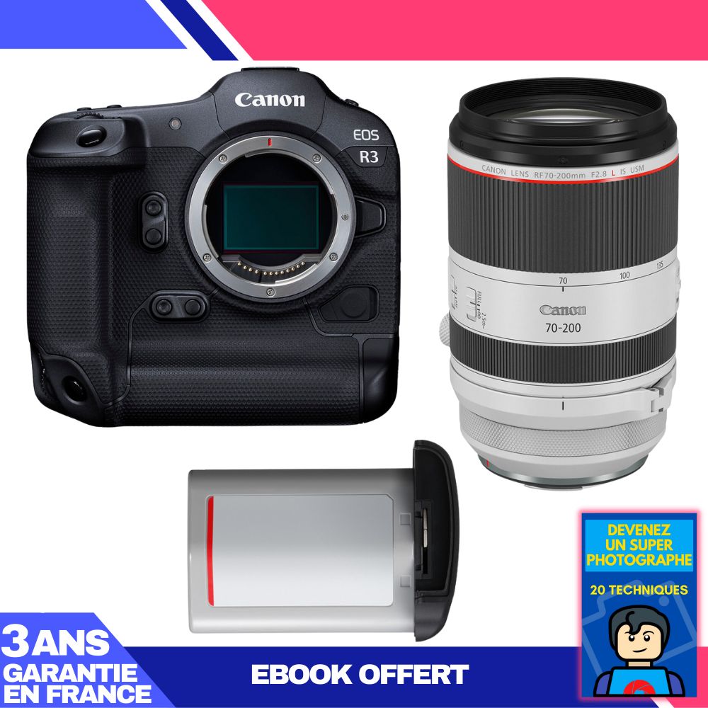 Appareil photo hybride Canon EOS R3 + Objectif RF 70-200mm f/2,8 L IS USM + Batterie LP-E19 + Guide 'Devenez un photographe exceptionnel'