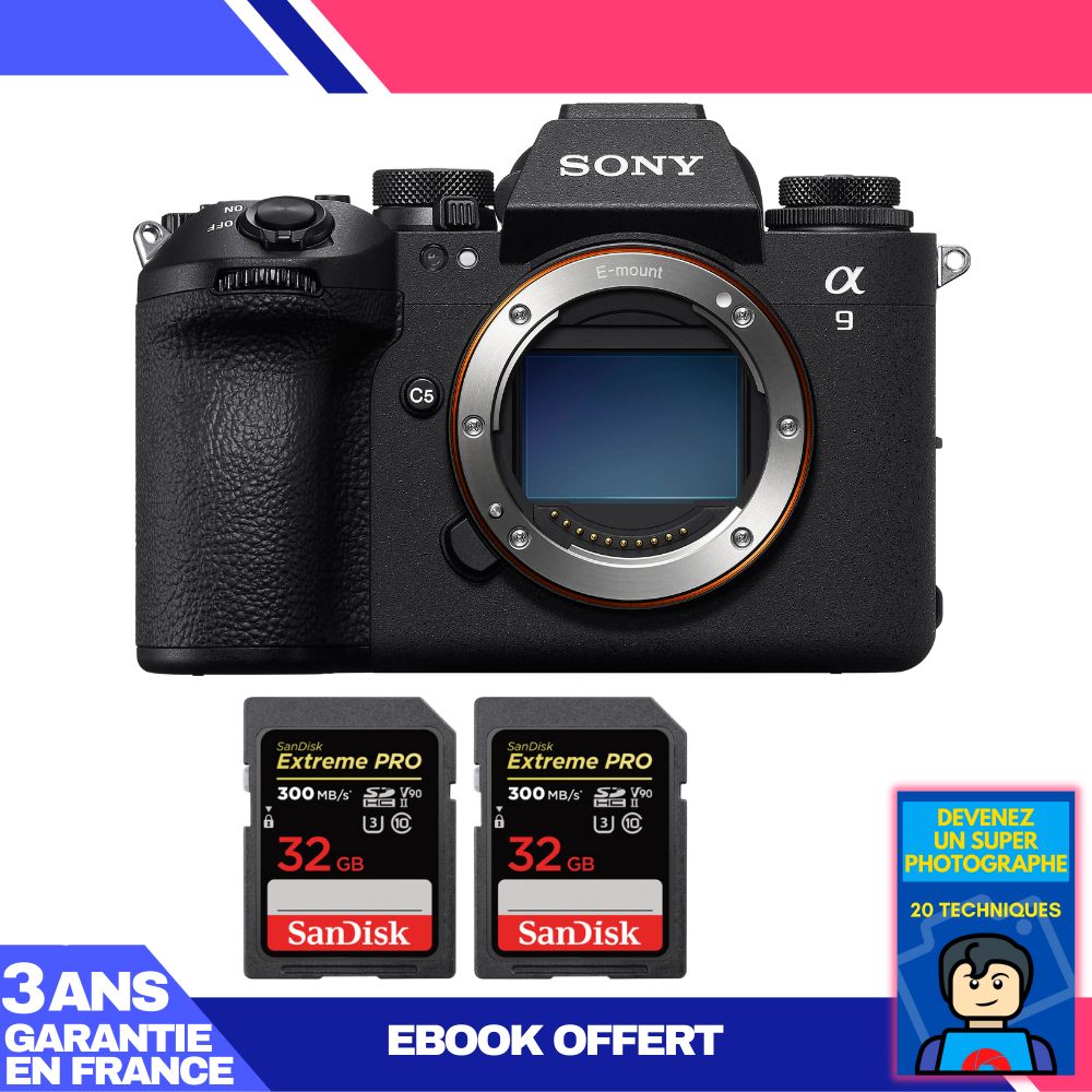 Sony A9 III Mirrorless Camera + 2 SanDisk 32GB Extreme PRO UHS-II SDXC Cards + Ebook: Become a Super Photographer
