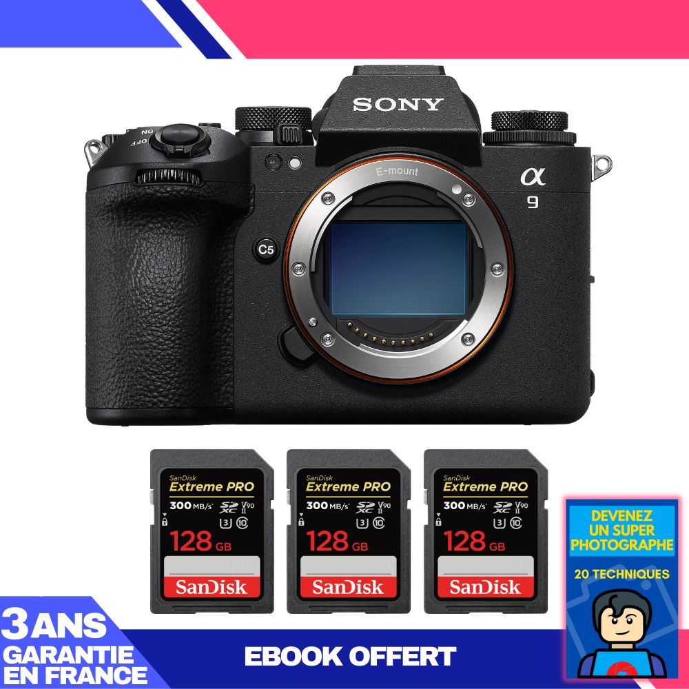Sony A9 III Mirrorless Camera + 3 SanDisk 128GB Extreme PRO UHS-II SDXC Cards + Ebook: Become a Super Photographer