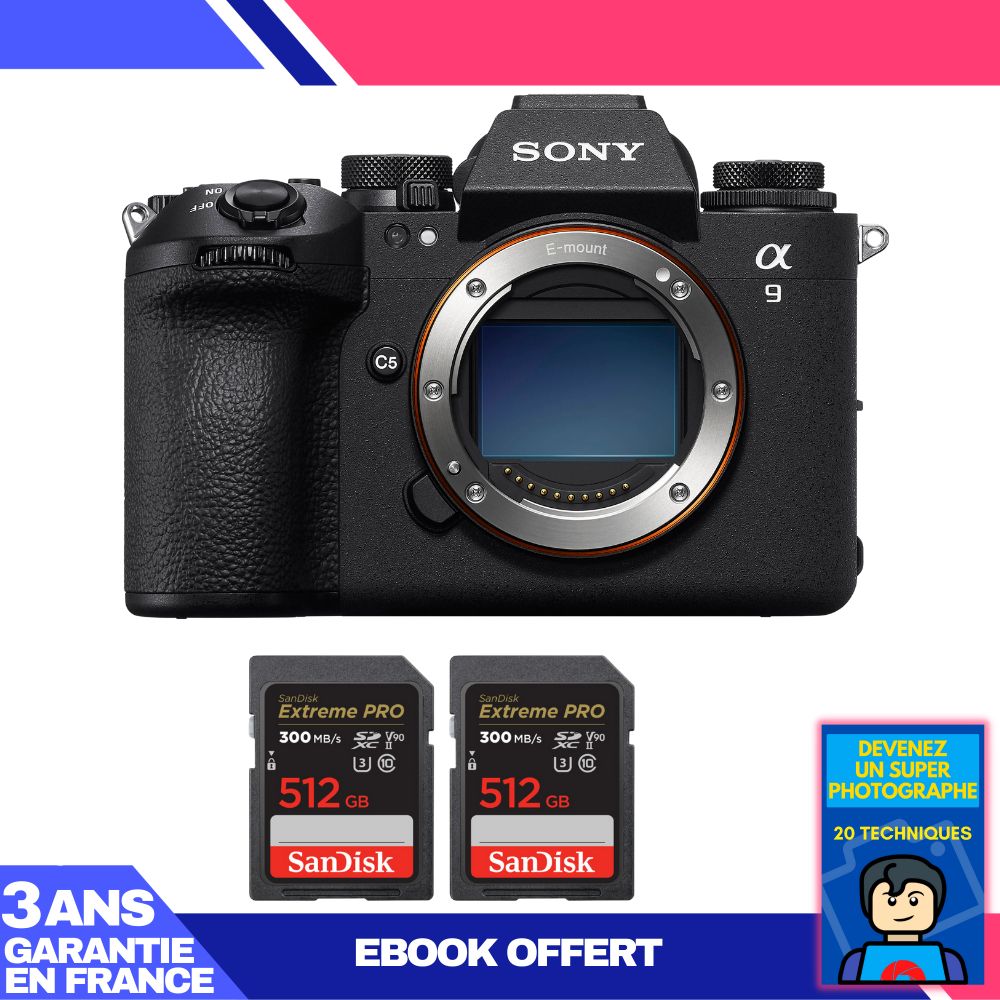 Sony A9 III Camera + 2 SanDisk 512GB Extreme PRO UHS-II SDXC Cards + 'Become a Super Photographer' Ebook