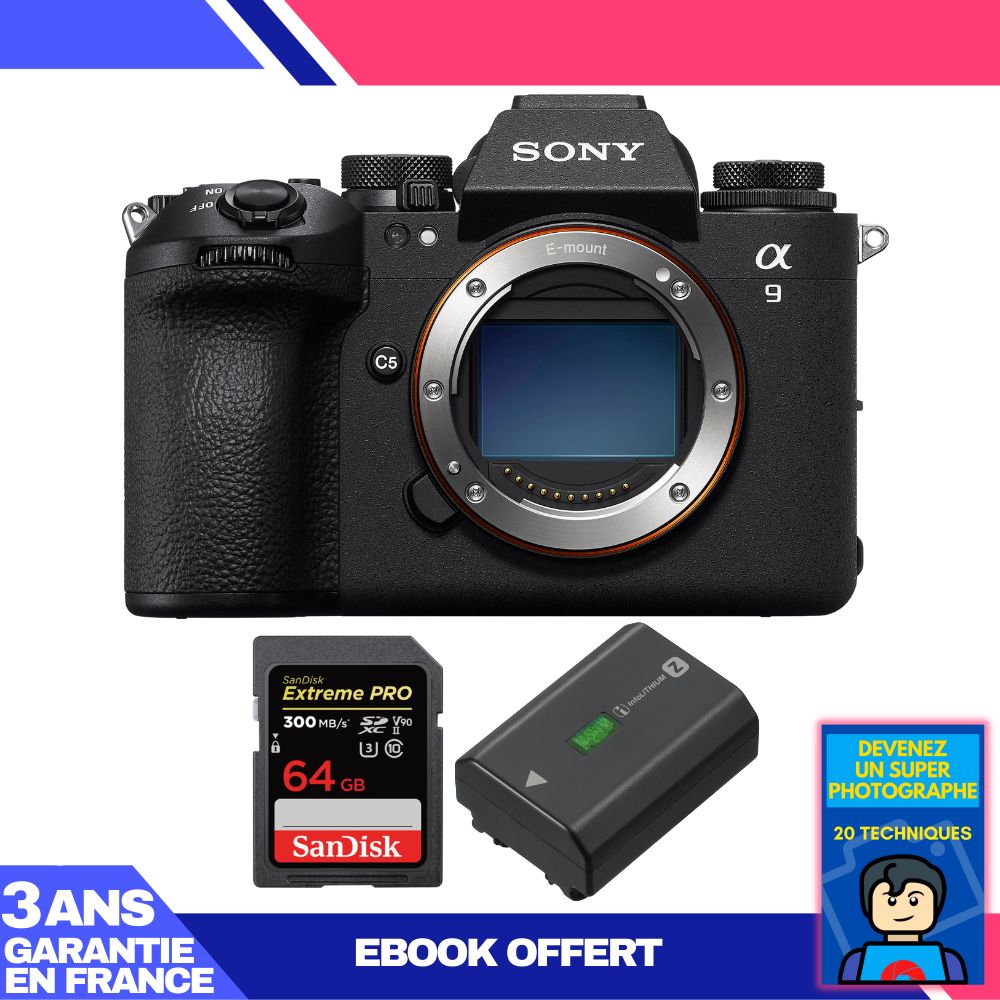 Sony A9 III Camera Body + 1 SanDisk 64GB Extreme PRO UHS-II SDXC Card + 1 Sony NP-FZ100 Battery + 'Become a Super Photographer' Ebook