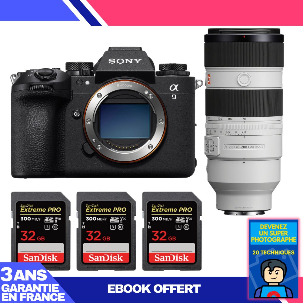 Sony A9 III Camera Body + FE 70-200mm f/2.8 GM OSS II Lens + 3 SanDisk 32GB Extreme PRO UHS-II SDXC Cards + 'Become a Super Photographer' Ebook