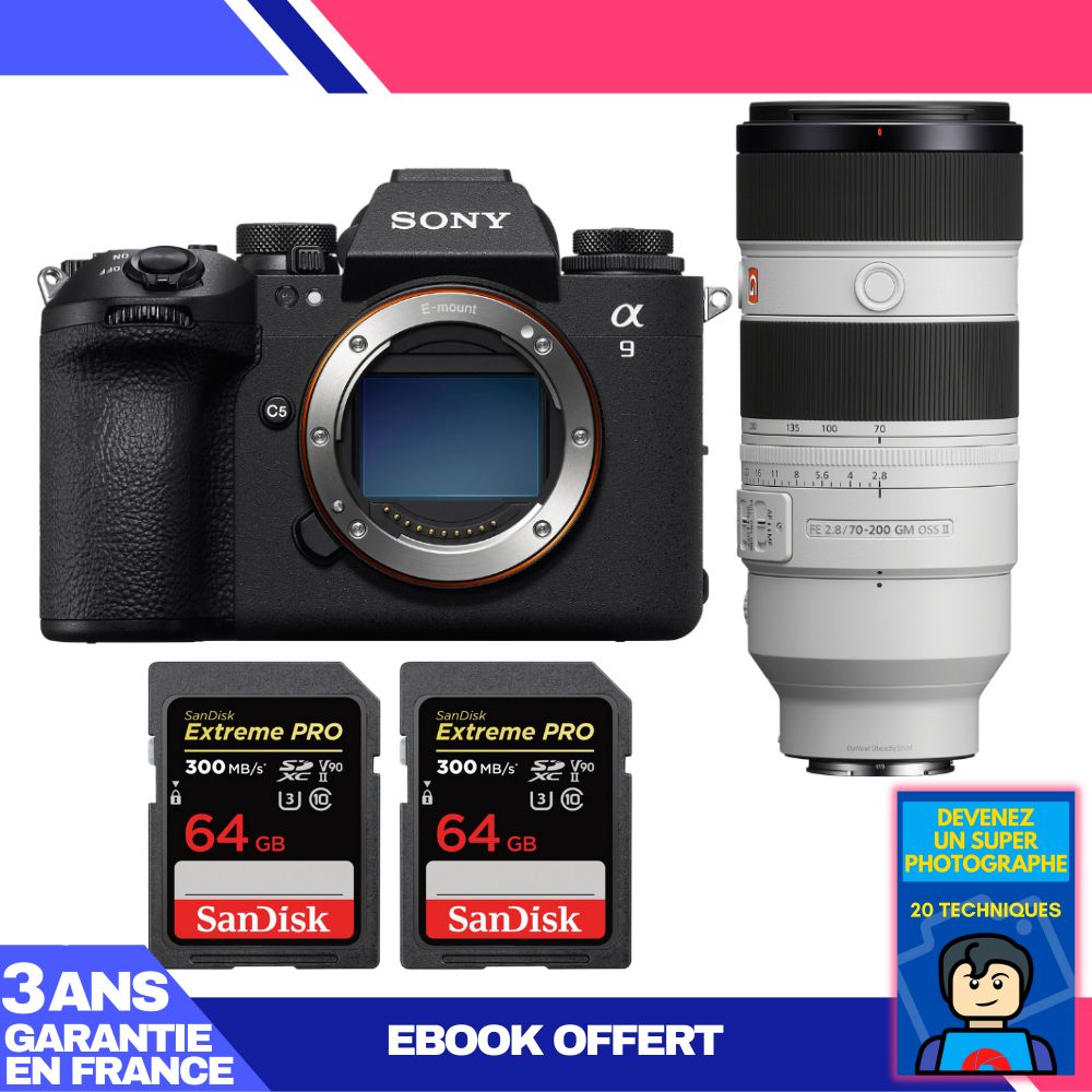 Sony A9 III Camera + FE 70-200mm f/2.8 GM OSS II Lens + 2x SanDisk 64GB Extreme PRO UHS-II SDXC Memory Cards + 'Become a Super Photographer' Ebook