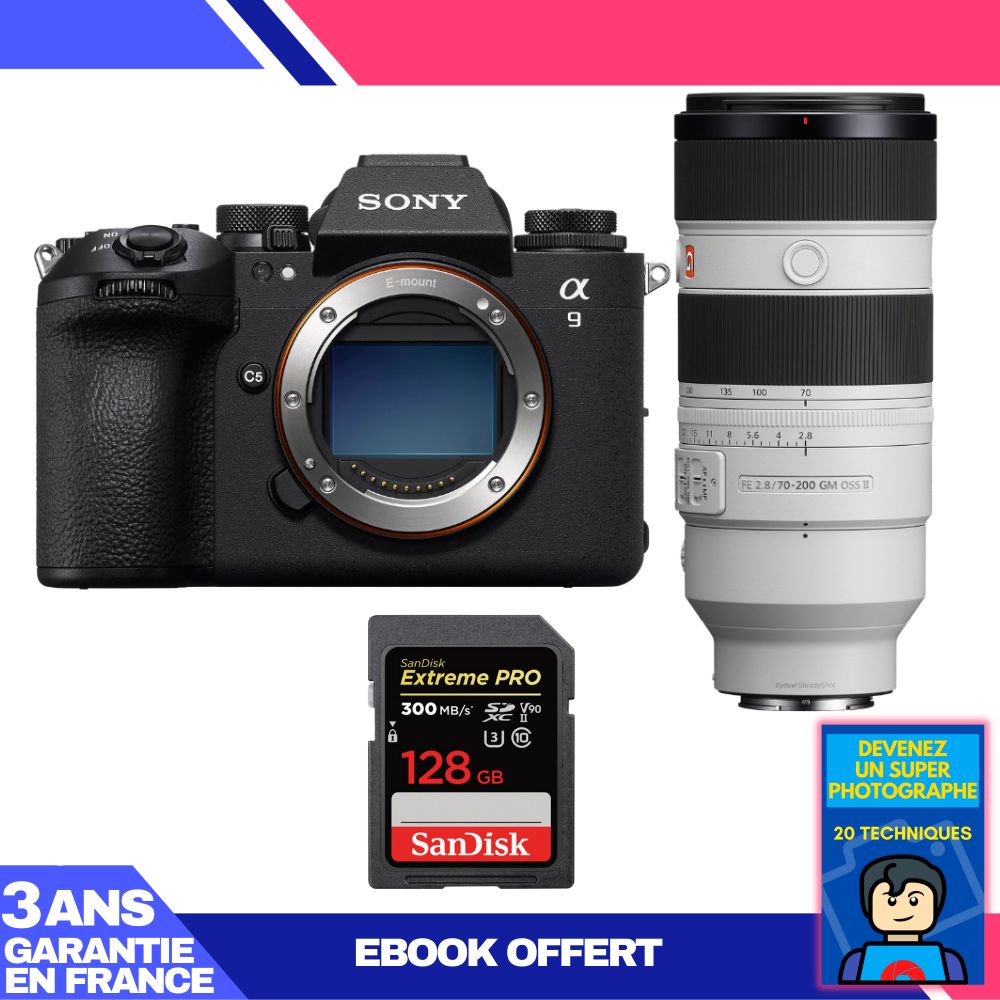 Sony A9 III Camera + FE 70-200mm f/2.8 GM OSS II Lens + 1 SanDisk 128GB Extreme PRO UHS-II SDXC Card + 'Become a Super Photographer' Ebook