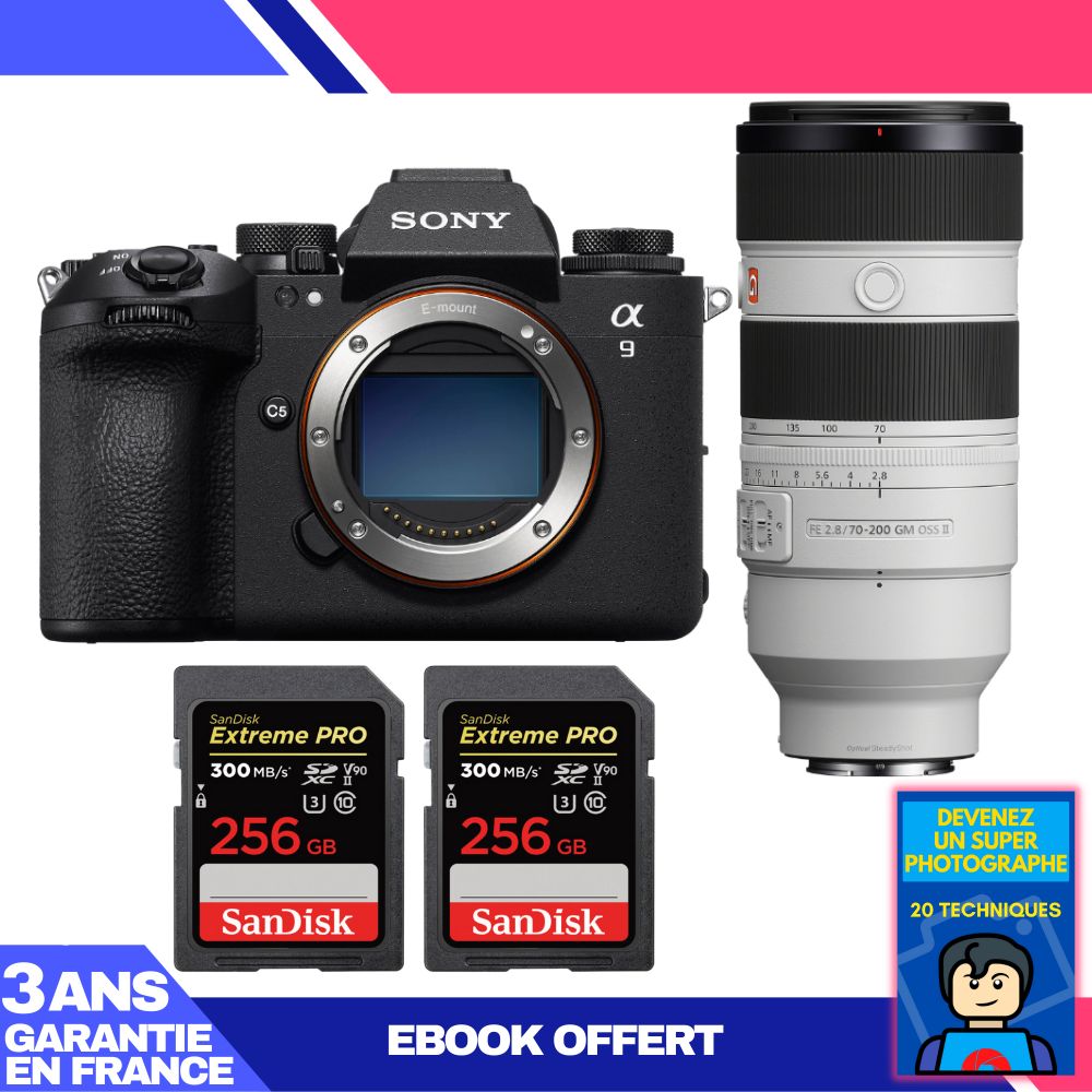 Sony A9 III Camera Kit with FE 70-200mm f/2.8 GM OSS II Lens + 2x 256GB SanDisk Extreme PRO SD Cards + 'Become a Super Photographer' Ebook
