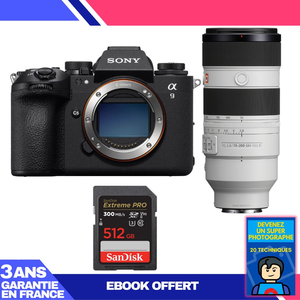 Sony A9 III Camera + FE 70-200mm f/2.8 GM OSS II Lens + 1 SanDisk 512GB Extreme PRO UHS-II SDXC Card + 'Become a Super Photographer' Ebook