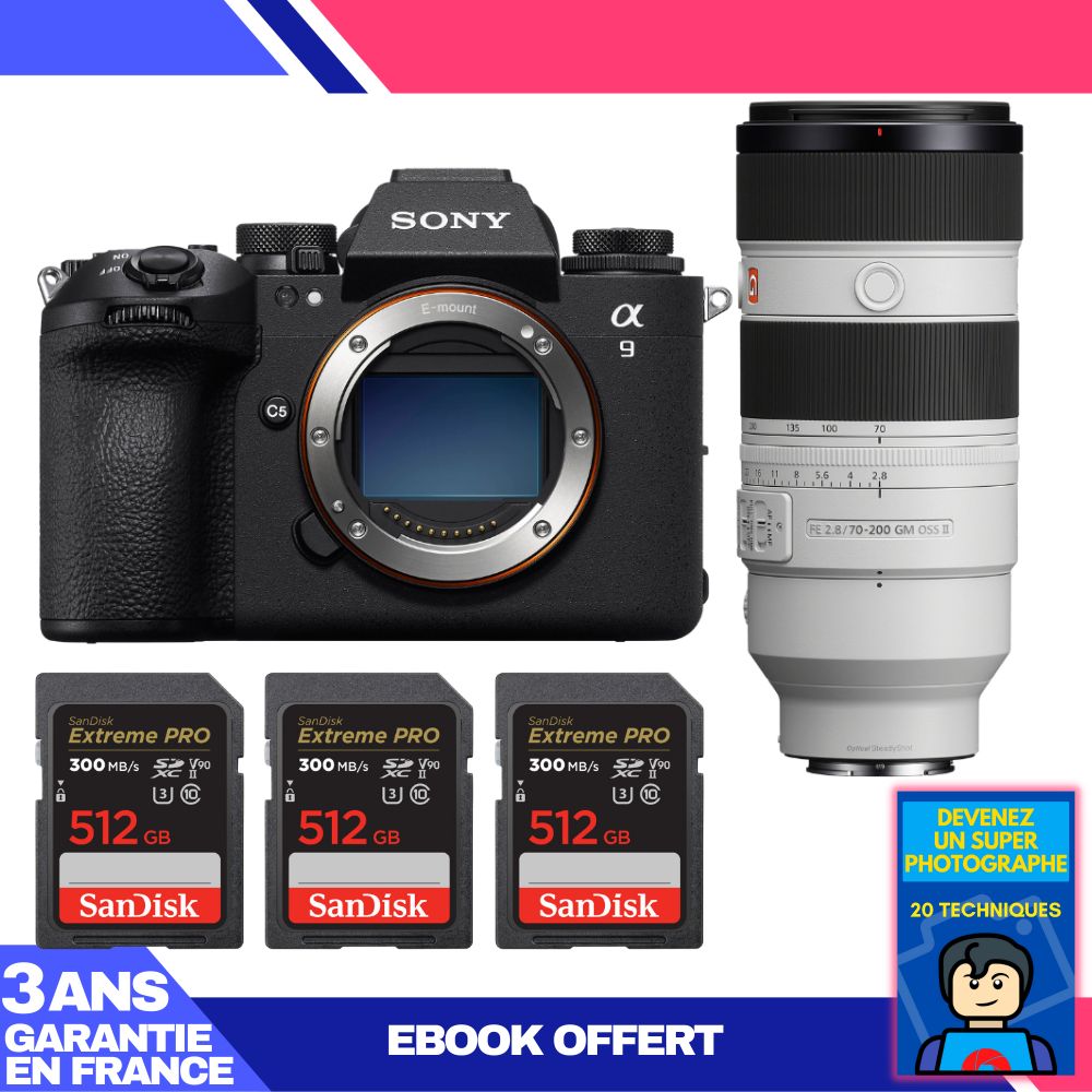 Sony A9 III Camera + FE 70-200mm f/2.8 GM OSS II Lens + 3x 512GB SanDisk Extreme PRO UHS-II SDXC Cards + 'Become a Super Photographer' Ebook