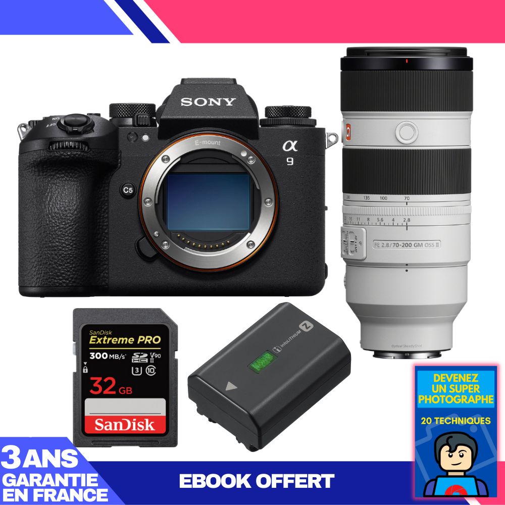 Sony A9 III Camera + FE 70-200mm f/2.8 GM OSS II Lens + 1 SanDisk 32GB Extreme PRO UHS-II SDXC Card + 1 Sony NP-FZ100 Battery + Ebook 'Become a Super Photographer'