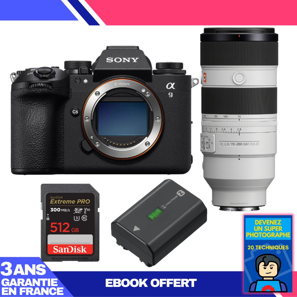 Cámara corporal Sony A9 III + Lente FE 70-200mm f/2.8 GM OSS II + 1 Tarjeta SanDisk 512GB Extreme PRO UHS-II SDXC 300 MB/s + 1 Batería Sony NP-FZ100 + Ebook 'Conviértete en un Fotógrafo Super'