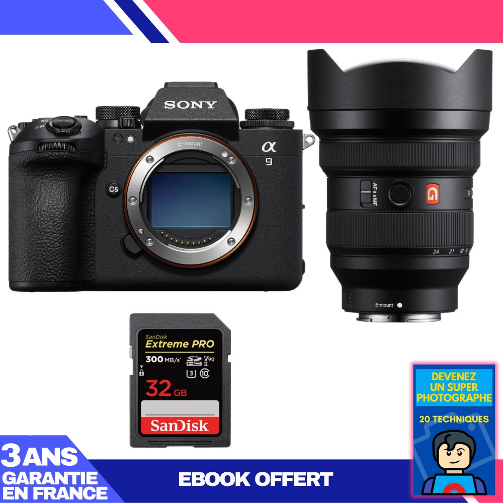 Kit Sony A9 III avec objectif FE 12-24mm f/2,8 GM + carte SD 32 Go SanDisk Extreme PRO + ebook 'Devenez un super photographe'