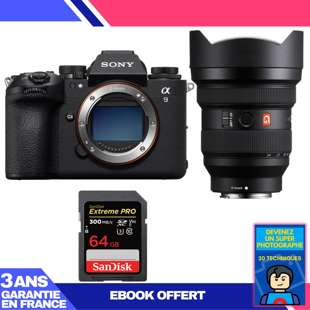 Appareil photo Sony A9 III + Objectif FE 12-24mm f/2.8 GM + 1 Carte SanDisk 64 Go Extreme PRO UHS-II SDXC 300 Mo/s + Ebook 'Devenez un Super Photographe'