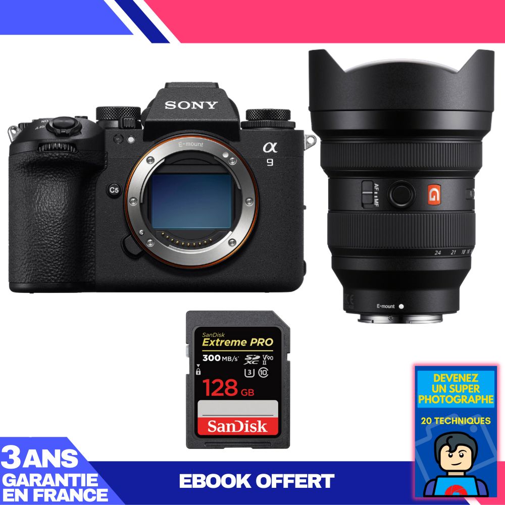 Kit Sony A9 III avec objectif FE 12-24mm f/2.8 GM + 1 carte SanDisk 128 Go Extreme PRO UHS-II SDXC