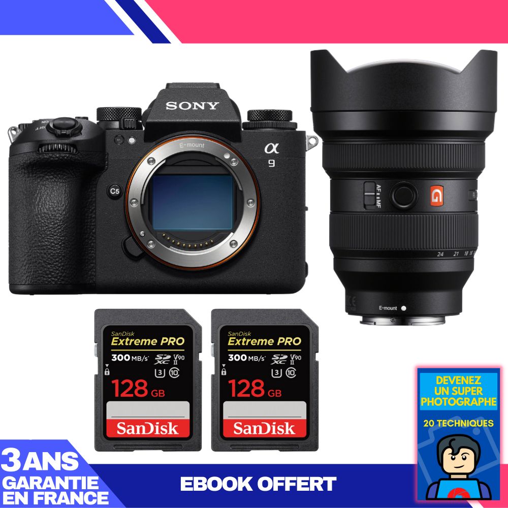 Sony A9 III Camera Kit with FE 12-24mm f/2.8 GM Lens + 2 SanDisk 128GB Extreme PRO SD Cards + 'Become a Super Photographer' Ebook