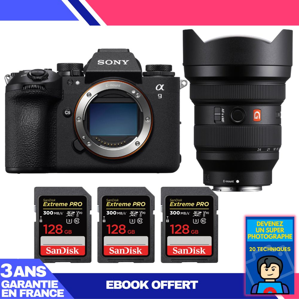 Sony A9 III Camera Kit with FE 12-24mm f/2.8 GM Lens + 3 SanDisk 128GB Extreme PRO SD Cards