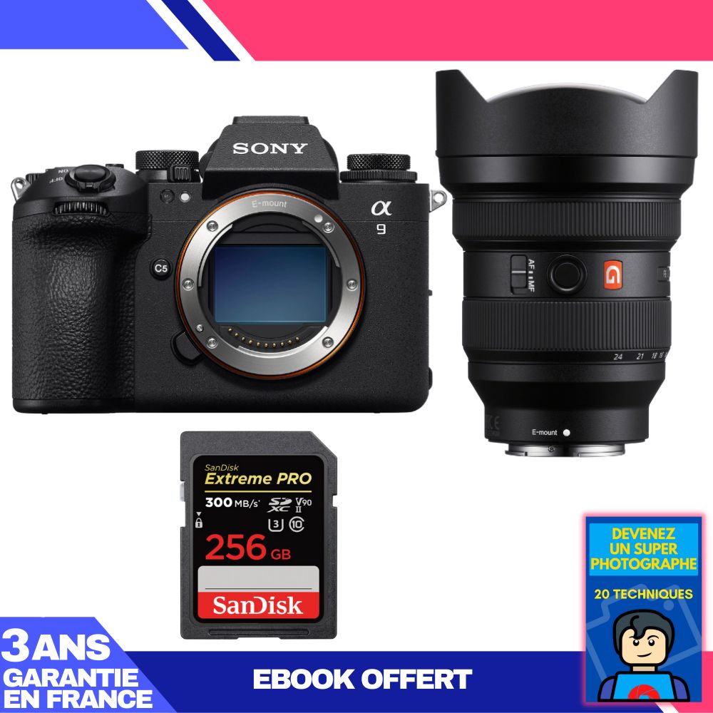 Kit Sony A9 III avec objectif FE 12-24mm f/2,8 GM + carte SD SanDisk 256 Go Extreme PRO + ebook 'Devenez un super photographe'