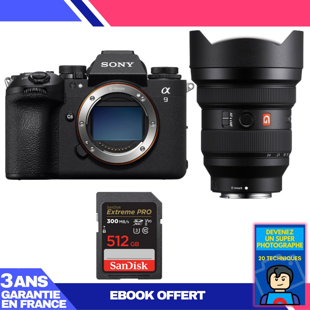 Kit Sony A9 III avec objectif FE 12-24mm f/2,8 GM + carte SD 512 Go SanDisk Extreme PRO + ebook 'Devenez un super photographe'
