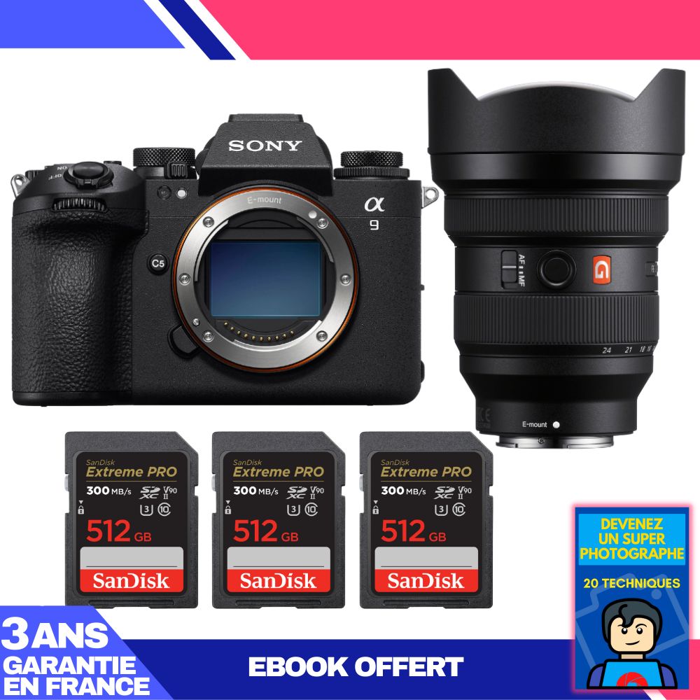 Kit de cámara Sony A9 III con objetivo FE 12-24 mm f/2.8 GM + 3 tarjetas SDXC Sandisk Extreme PRO de 512 GB