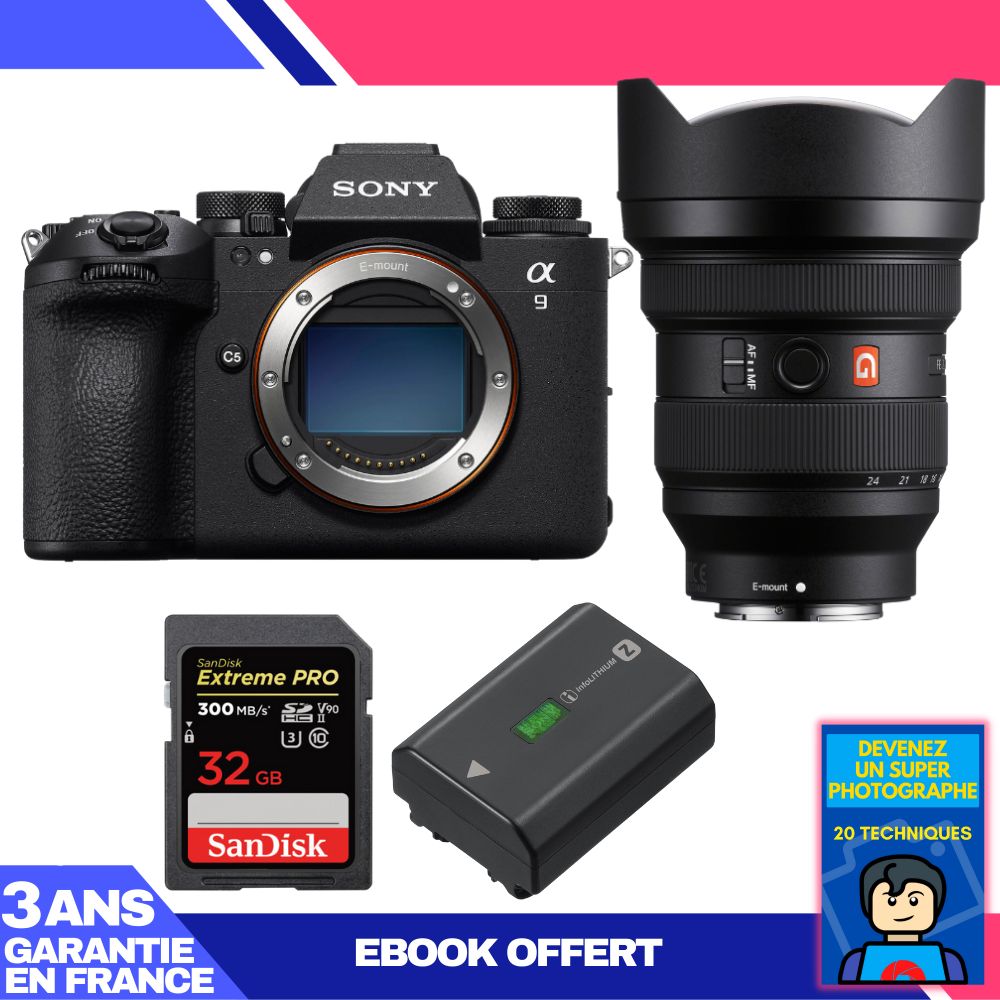 Kit Sony A9 III avec objectif FE 12-24mm f/2.8 GM + carte mémoire SanDisk 32 Go Extreme PRO UHS-II SDXC 300 Mo/s + batterie Sony NP-FZ100 + ebook 'Devenez un Super Photographe'