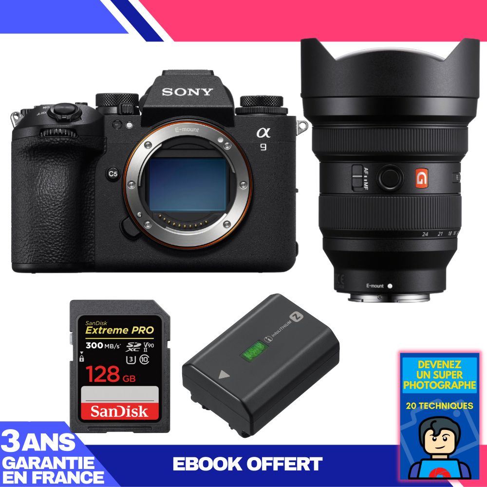 Boîtier Sony A9 III + Objectif FE 12-24mm f/2.8 GM + 1 Carte SanDisk 128 Go Extreme PRO UHS-II SDXC 300 Mo/s + 1 Batterie Sony NP-FZ100 + Ebook 'Devenez un Super Photographe'