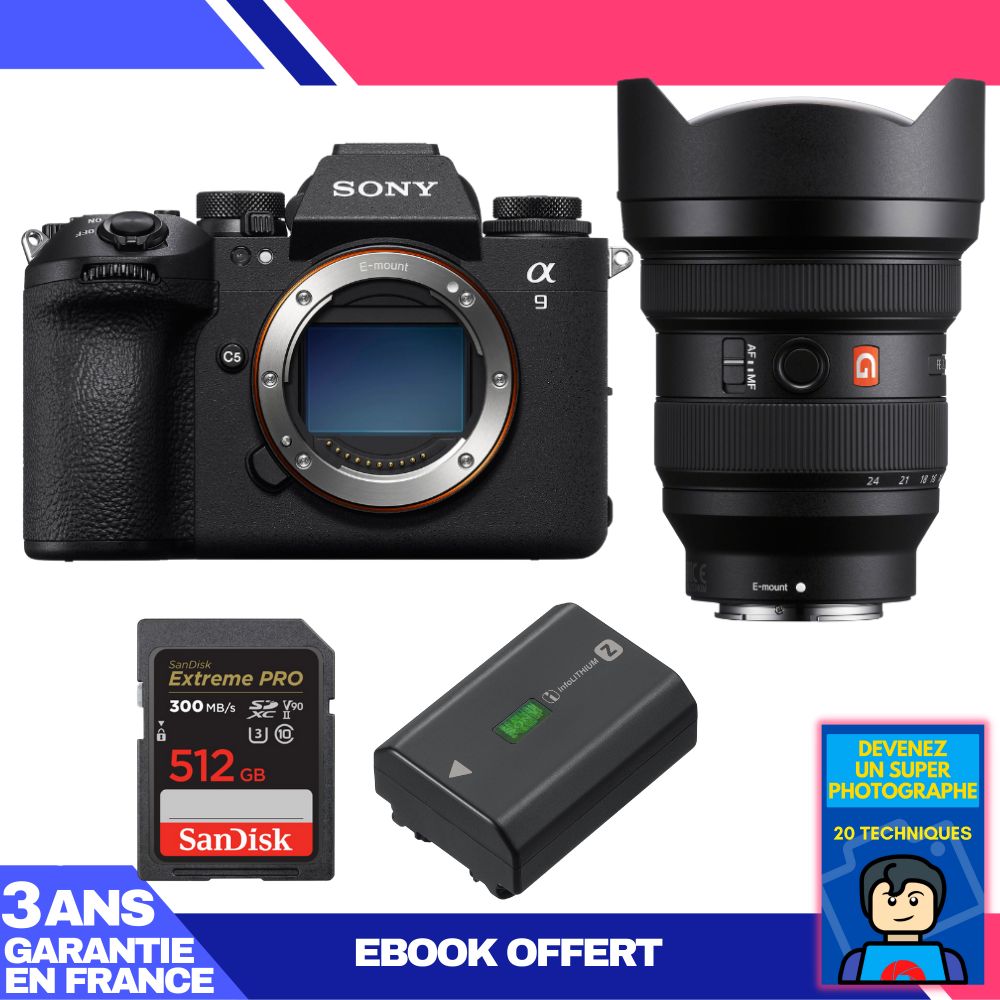 Kit Sony A9 III avec objectif FE 12-24mm f/2,8 GM + carte SanDisk 512 Go Extreme PRO UHS-II + batterie Sony NP-FZ100 + ebook 'Devenez un super photographe'