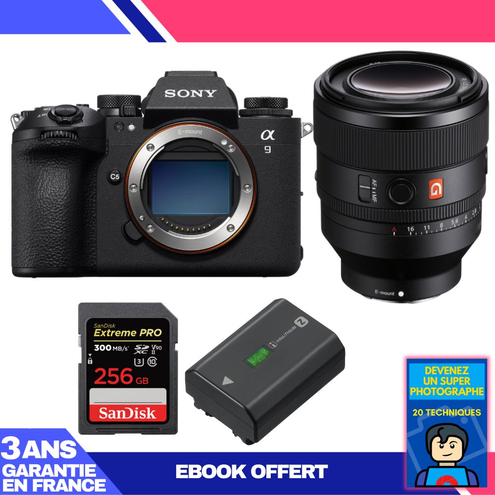 Kit Sony A9 III avec objectif FE 50mm f/1.2 GM + carte Sandisk 256 Go + batterie Sony NP-FZ100 + ebook