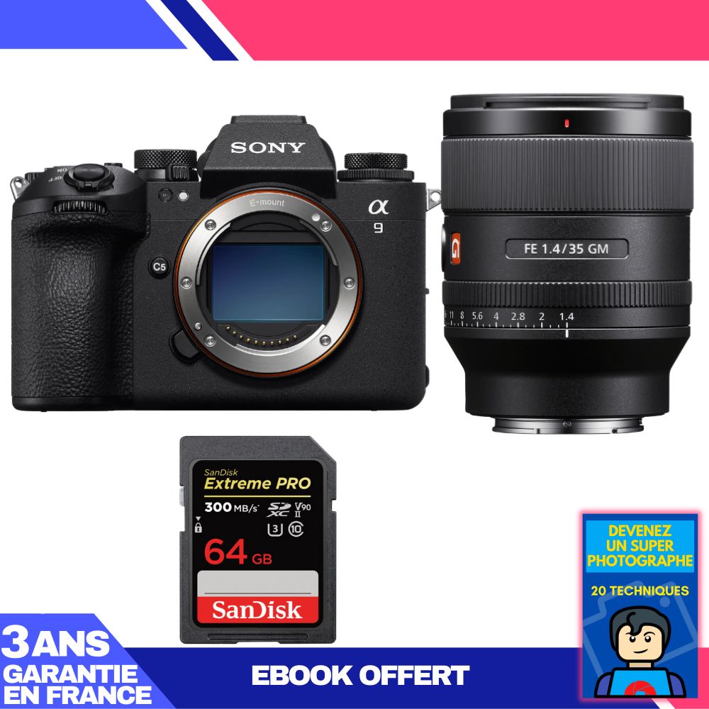 Appareil photo Sony A9 III + Objectif FE 35mm f/1.4 GM + Carte SDXC Sandisk 64 Go Extreme PRO UHS-II 300 Mo/s + Livre électronique 'Devenez un super photographe'