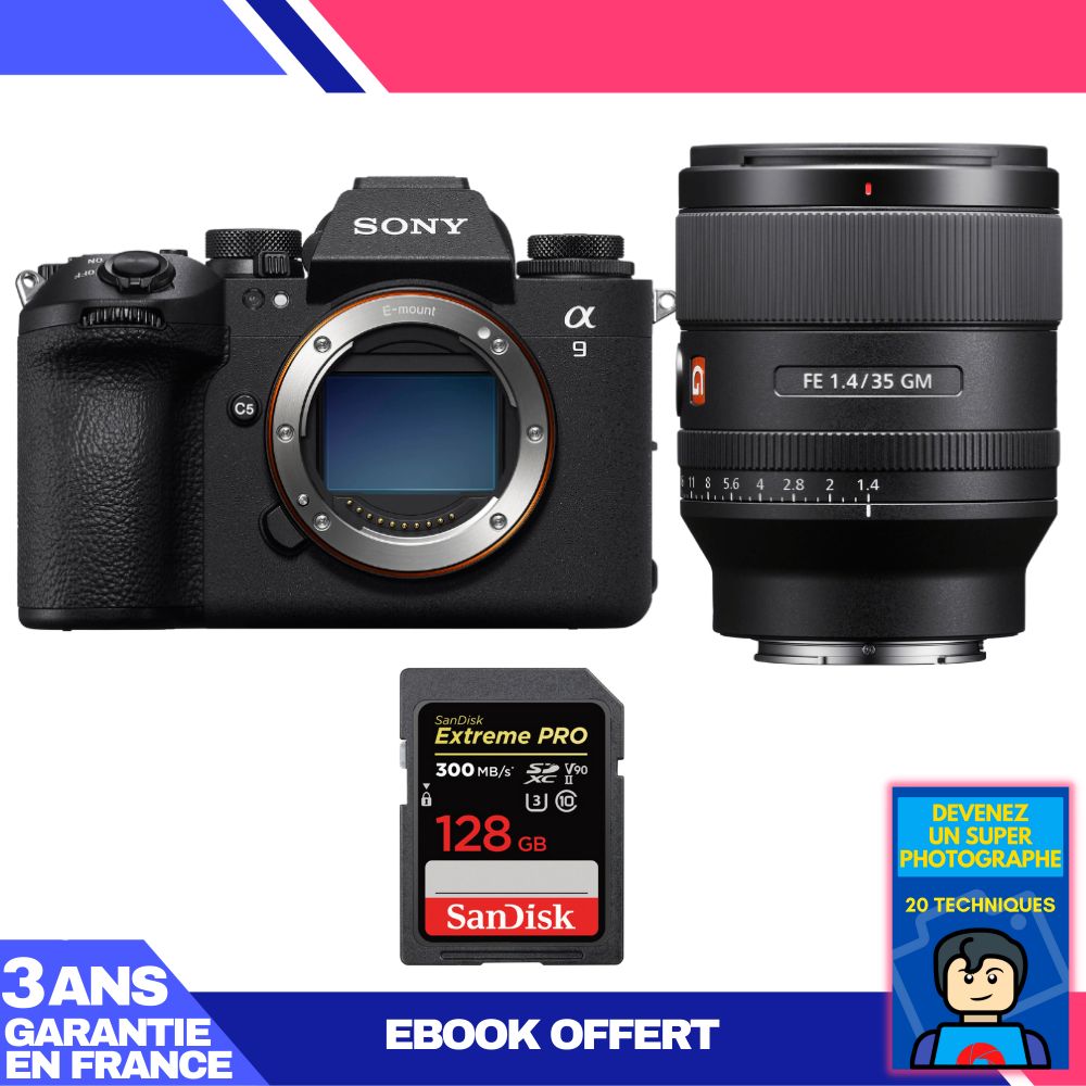 Boîtier Sony A9 III + Objectif FE 35mm f/1.4 GM + 1 Carte SanDisk 128Go Extreme PRO UHS-II SDXC 300 Mo/s + Ebook 'Devenez un Super Photographe'