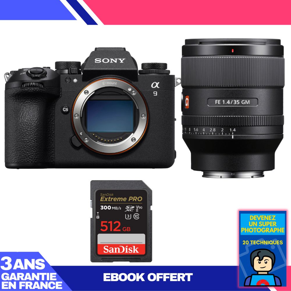 Boîtier Sony A9 III + Objectif FE 35mm f/1.4 GM + 1 Carte SanDisk 512 Go Extreme PRO UHS-II SDXC 300 Mo/s + Livre électronique 'Devenez un Super Photographe'