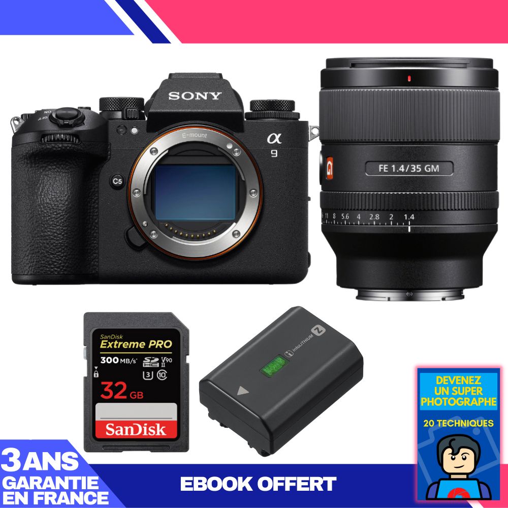 Boîtier Sony A9 III + Objectif FE 35mm f/1.4 GM + 1 Carte SanDisk 32Go Extreme PRO UHS-II SDXC 300 Mo/s + 1 Batterie Sony NP-FZ100 + Ebook 'Devenez un Super Photographe