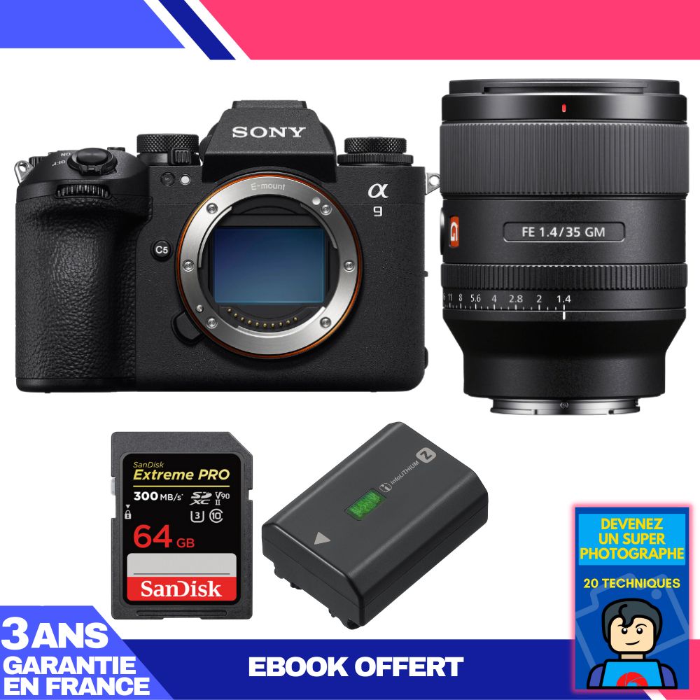 Boîtier Sony A9 III + Objectif FE 35mm f/1.4 GM + 2 cartes SanDisk 64 Go Extreme PRO UHS-II SDXC 300 Mo/s + Batterie Sony NP-FZ100 + Ebook 'Devenez un Super Photographe'