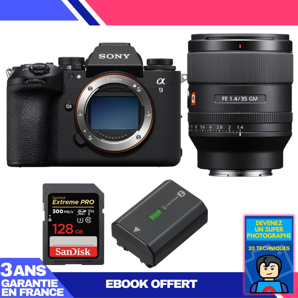 Appareil photo Sony A9 III + Objectif FE 35mm f/1.4 GM + 2 x Cartes SDXC SanDisk Extreme PRO 128 Go UHS-II 300 Mo/s + Batterie Sony NP-FZ100 + Ebook 'Devenez un super photographe'