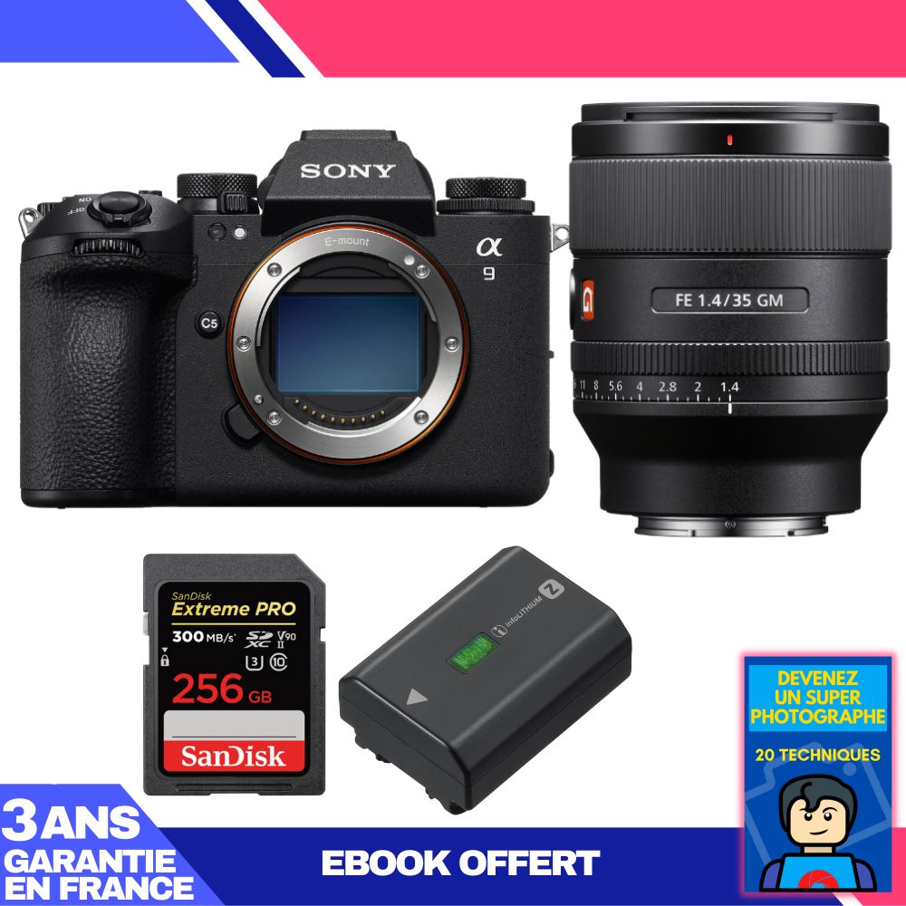 Boîtier Sony A9 III + Objectif FE 35mm f/1.4 GM + 1 Carte SanDisk 256Go Extreme PRO UHS-II SDXC 300 Mo/s + 1 Batterie Sony NP-FZ100 + Ebook 'Devenez un Super Photographe