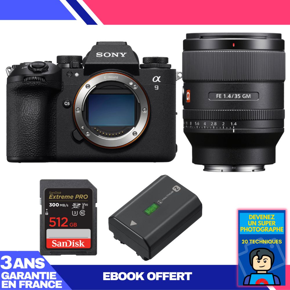 Boîtier Sony A9 III + Objectif FE 35mm f/1.4 GM + 1 Carte SanDisk 512 Go Extreme PRO UHS-II SDXC 300 Mo/s + 1 Batterie Sony NP-FZ100 + Ebook 'Devenez un Super Photographe'