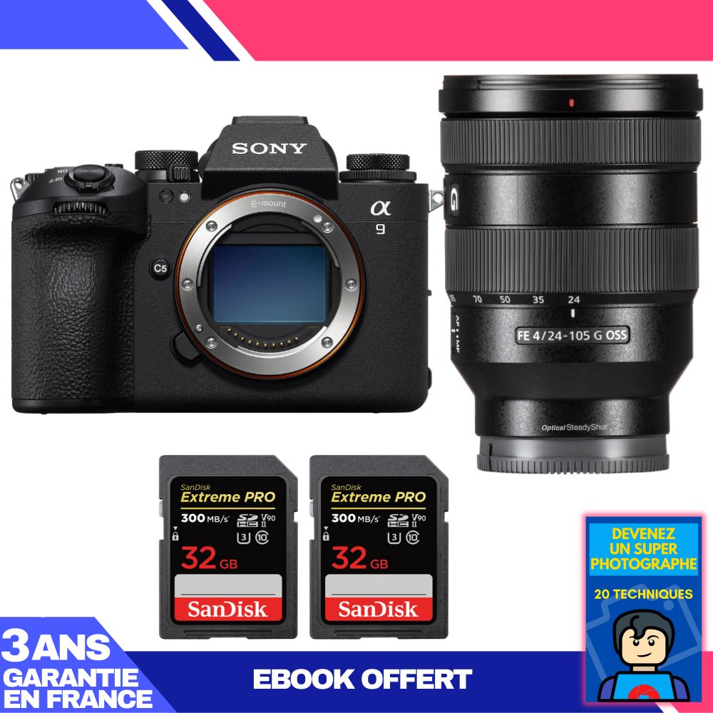 Sony A9 III Body + FE 24-105mm f/4 G OSS Lens + 2 SanDisk 32GB Extreme PRO UHS-II SDXC Cards + 'Become a Super Photographer' Ebook