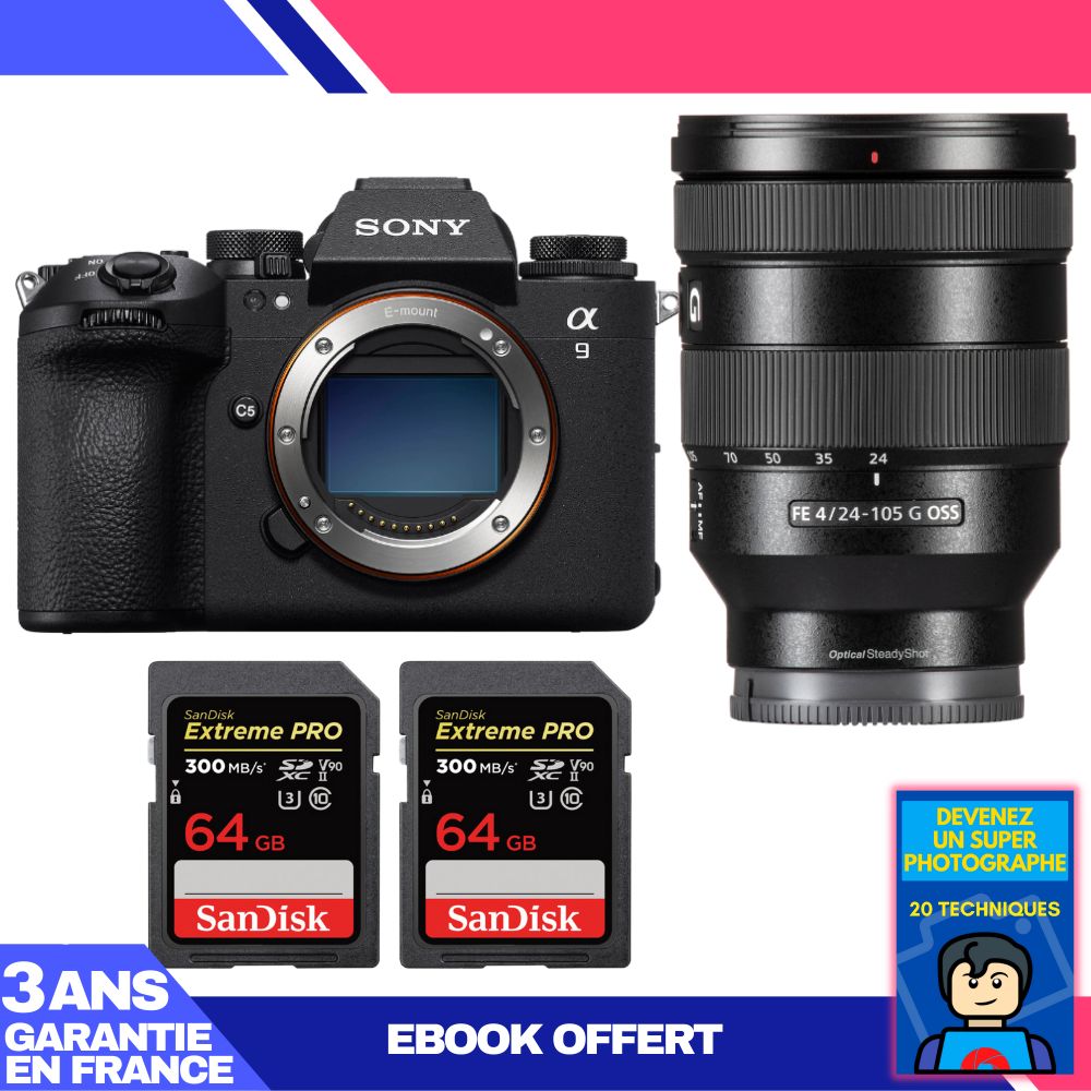 Sony A9 III Camera Body + FE 24-105mm f/4 G OSS Lens + 2x SanDisk 64GB Extreme PRO UHS-II SDXC Cards