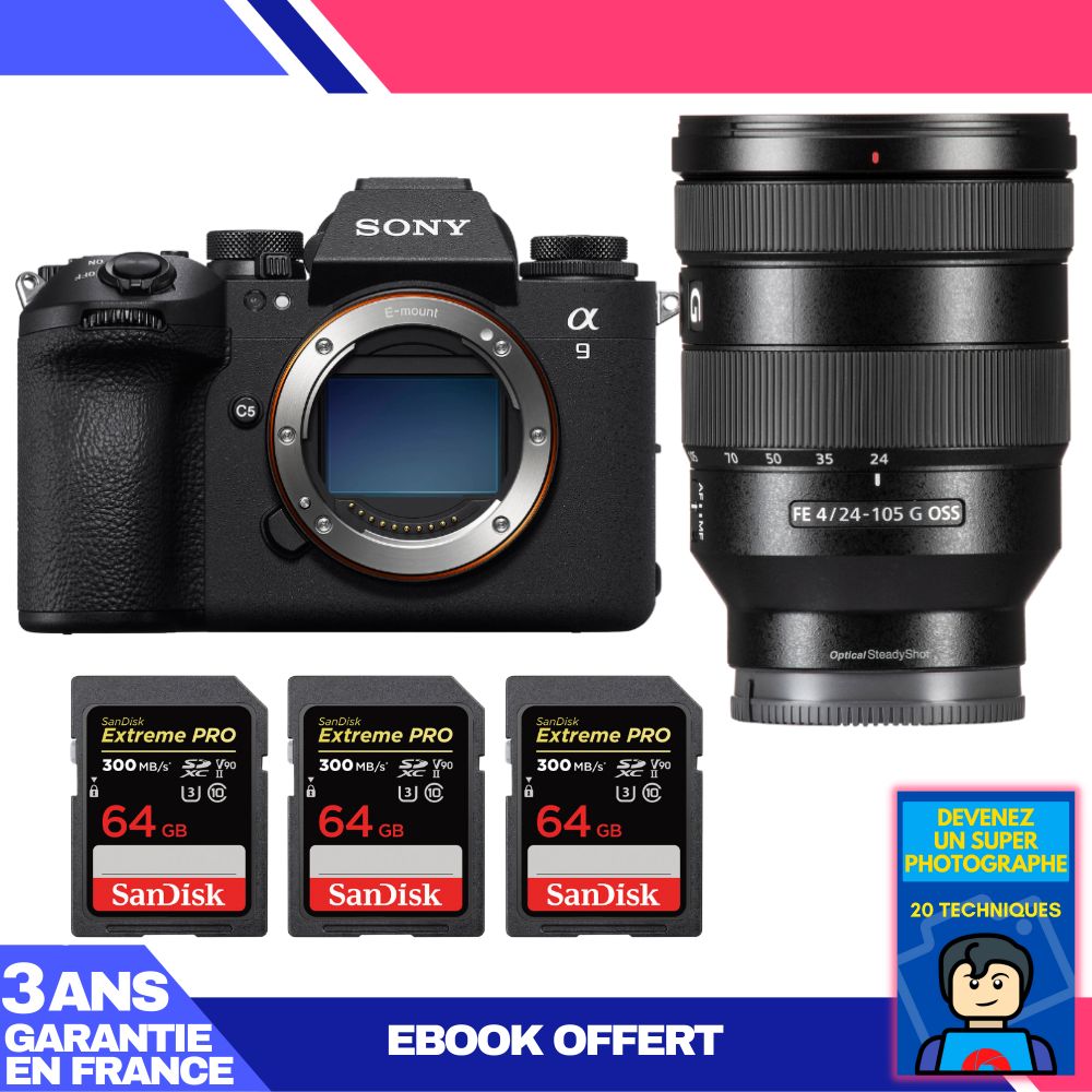 Sony A9 III Camera Body + FE 24-105mm f/4 G OSS Lens + 3 SanDisk 64GB Extreme PRO UHS-II SDXC Cards