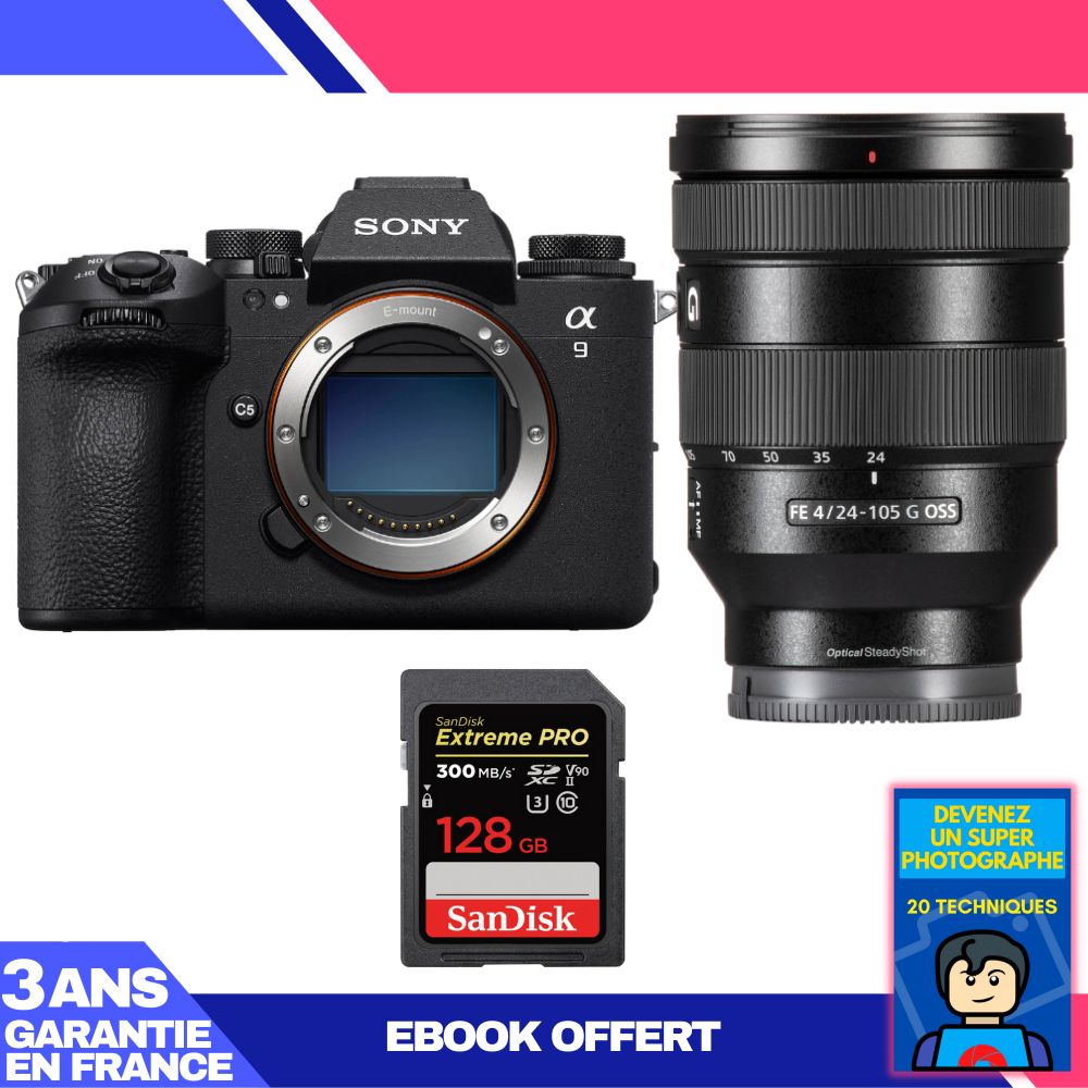 Sony A9 III Camera + FE 24-105mm f/4 G OSS Lens + 1 SanDisk 128GB Extreme PRO UHS-II SDXC Card + 'Become a Super Photographer' Ebook