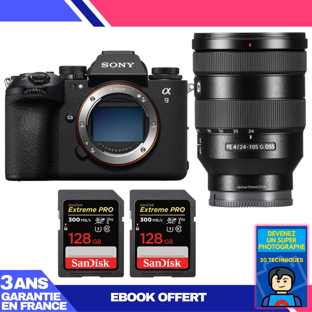 Sony A9 III Body + FE 24-105mm f/4 G OSS Lens + 2 SanDisk 128GB Extreme PRO UHS-II SDXC Cards + 'Become a Super Photographer' Ebook