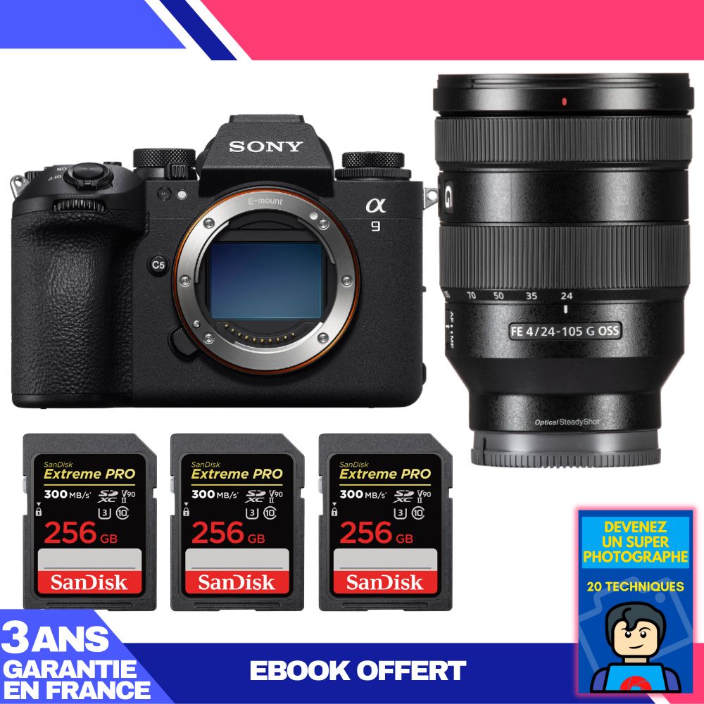 Sony A9 III Body + FE 24-105mm f/4 G OSS Lens + 3 SanDisk 256GB Extreme PRO UHS-II SDXC Cards + 'Become a Super Photographer' Ebook