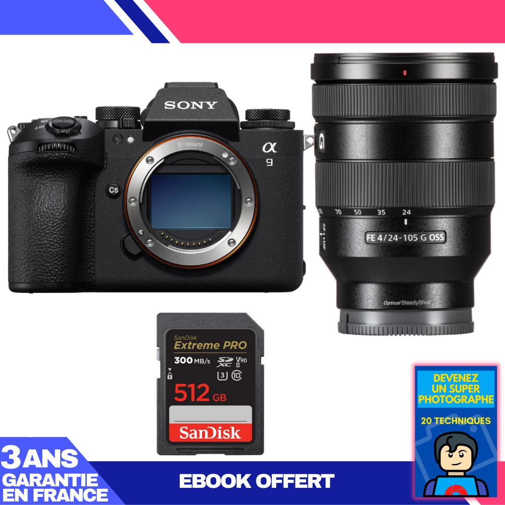 Sony A9 III Body + FE 24-105mm f/4 G OSS Lens + 1 SanDisk 512GB Extreme PRO UHS-II SDXC Card + 'Become a Super Photographer' Ebook