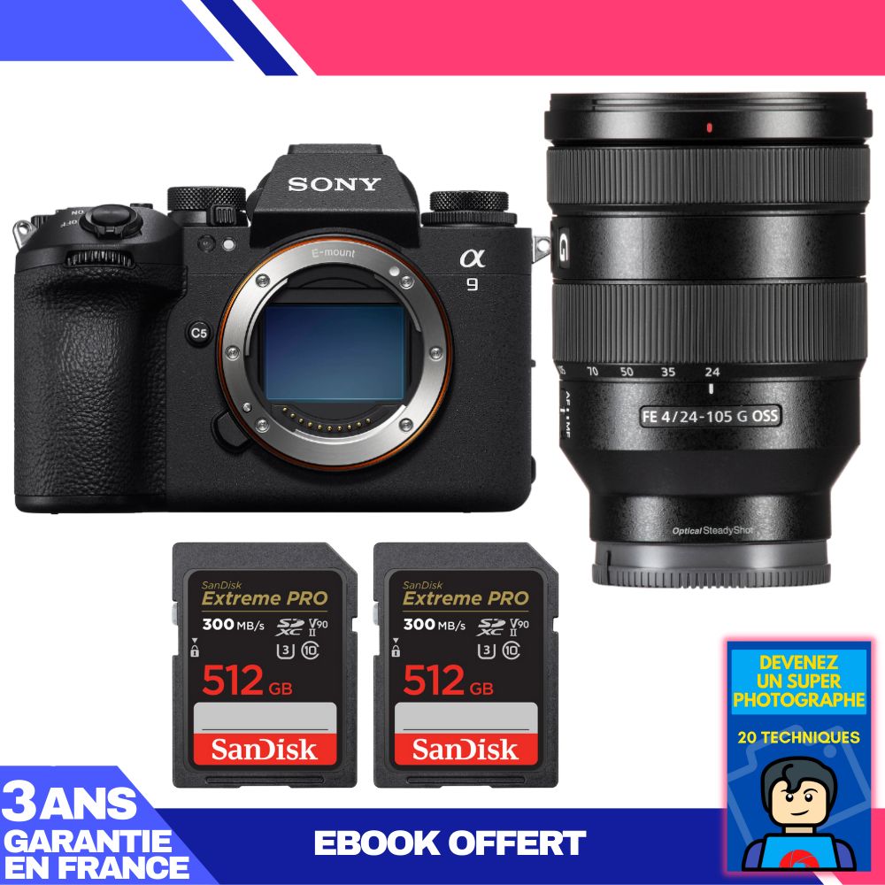 Cámara Sony A9 III + Objetivo FE 24-105mm f/4 G OSS + 2 Tarjetas SanDisk 512GB Extreme PRO UHS-II SDXC