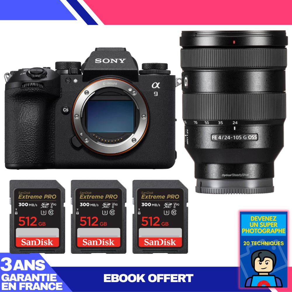 Sony A9 III Camera Body + FE 24-105mm f/4 G OSS Lens + 3 SanDisk 512GB Extreme PRO UHS-II SDXC Cards