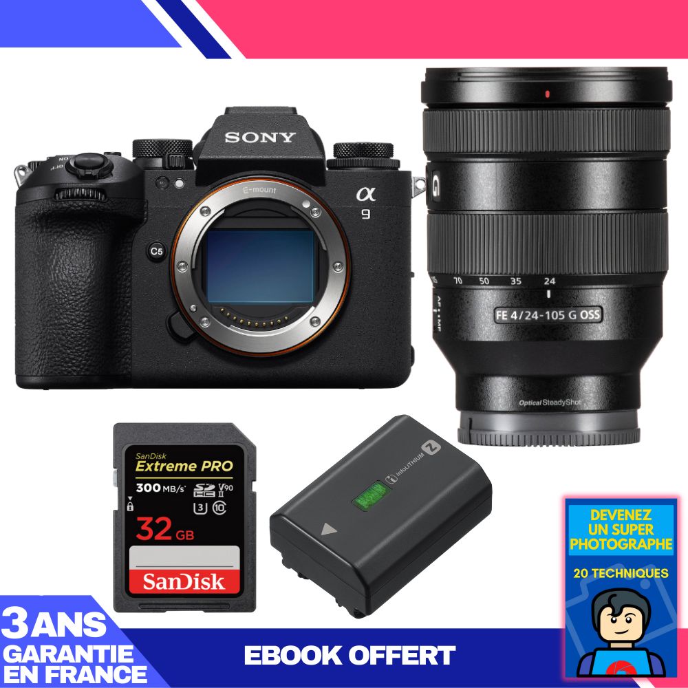 Sony A9 III Camera Body + FE 24-105mm f/4 G OSS Lens + 1 SanDisk 32GB Extreme PRO UHS-II SDXC Card + 1 Sony NP-FZ100 Battery + Ebook 'Become a Super Photographer