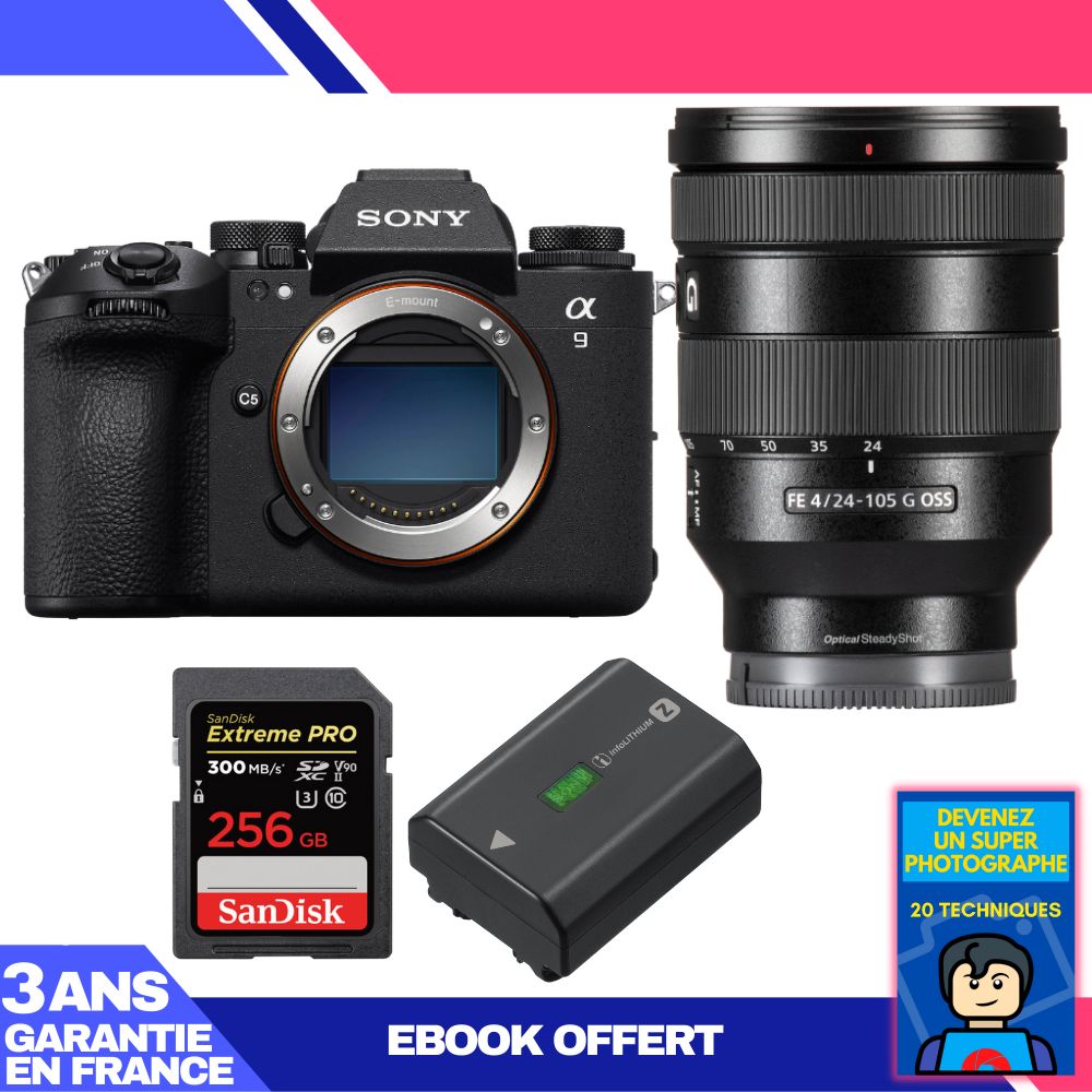 Sony A9 III Camera Kit with FE 24-105mm f/4 G OSS Lens + 256GB SanDisk Extreme PRO SD Card + Sony NP-FZ100 Battery + 'Become a Super Photographer' Ebook